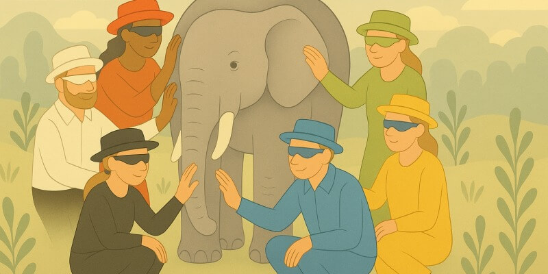 Zes blinden en de olifant met denkhoeden